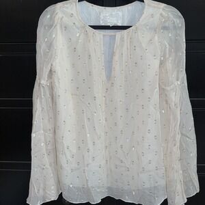 Johnny Was Love Women's Ivory And Gold Blouse Keyhole Neck XS Bell Sleeves Silk‎